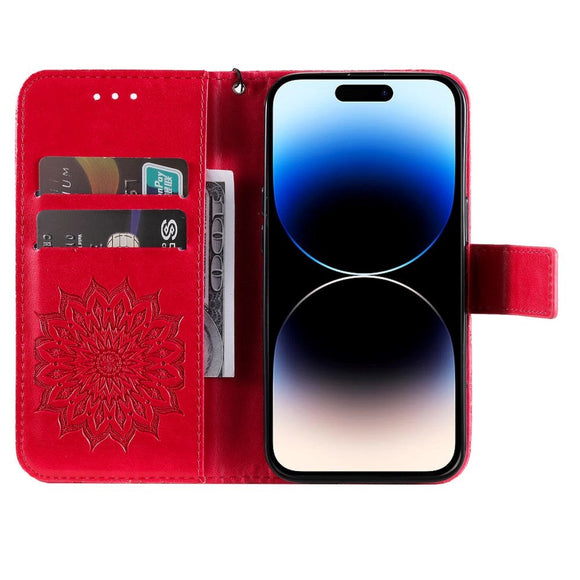 iPhone 15 Pro Læder Cover m. Pung og Strop - Mandala Blomst - Rød