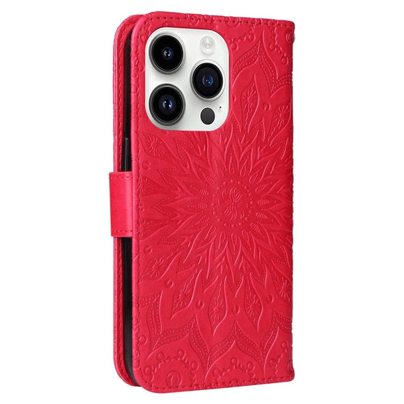iPhone 15 Pro Læder Cover m. Pung og Strop - Mandala Blomst - Rød