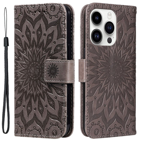 iPhone 15 Pro Læder Cover m. Pung og Strop - Mandala Blomst - Brun