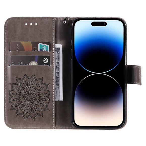 iPhone 15 Pro Læder Cover m. Pung og Strop - Mandala Blomst - Brun