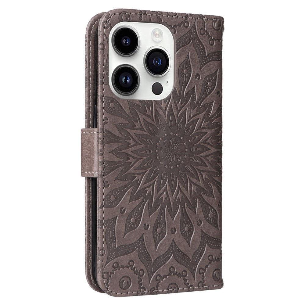 iPhone 15 Pro Læder Cover m. Pung og Strop - Mandala Blomst - Brun