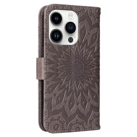 iPhone 15 Pro Læder Cover m. Pung og Strop - Mandala Blomst - Brun