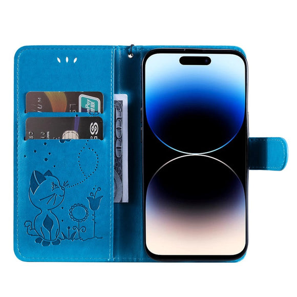 iPhone 15 Pro Læder Flip Cover m. Pung & Strop - Kat Indgravering - Blå