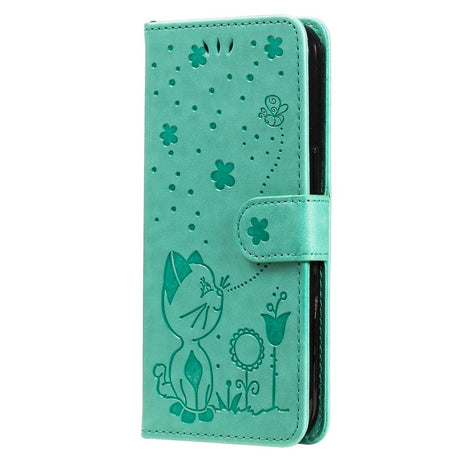 iPhone 15 Pro Læder Flip Cover m. Pung & Strop - Kat Indgravering - Grøn