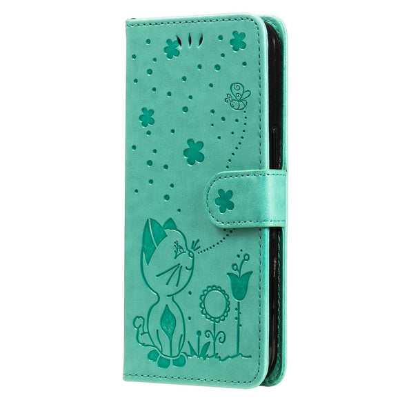 iPhone 15 Pro Læder Flip Cover m. Pung & Strop - Kat Indgravering - Grøn