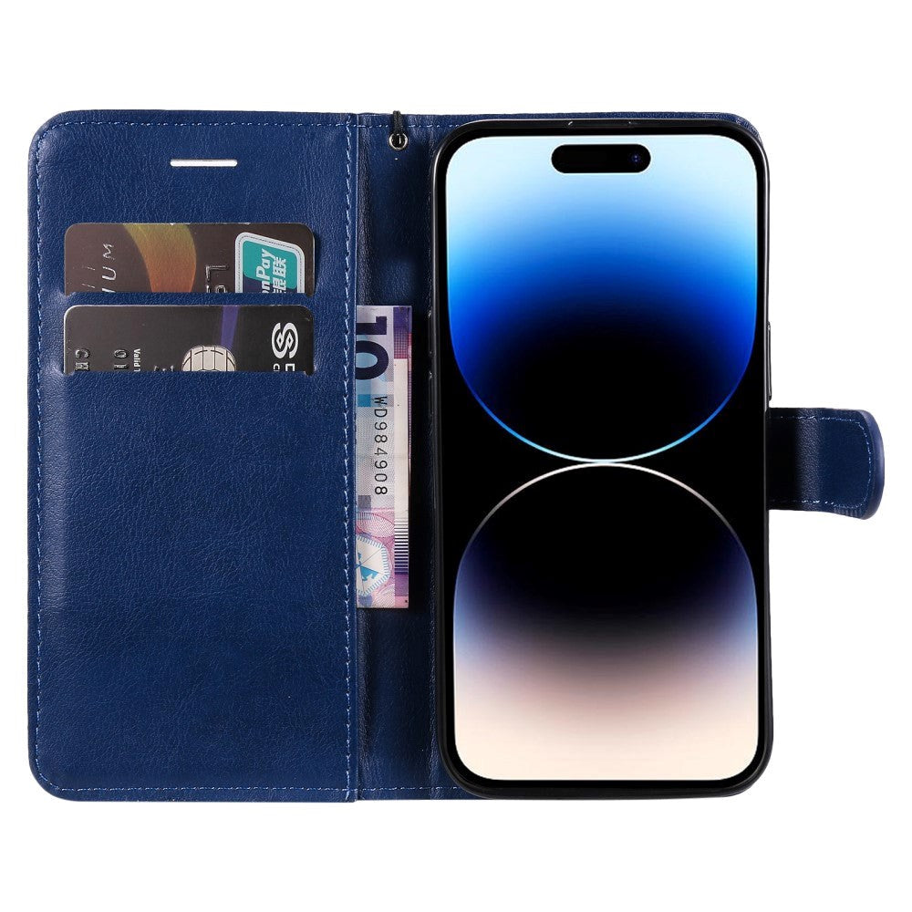 iPhone 15 Pro Læder Cover m. Pung og Strop - Blå