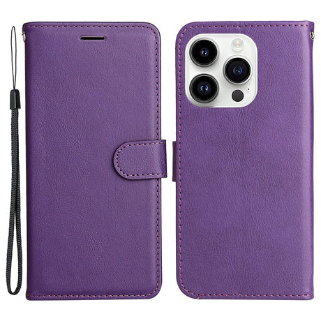 iPhone 15 Pro Læder Cover m. Pung og Strop - Lilla
