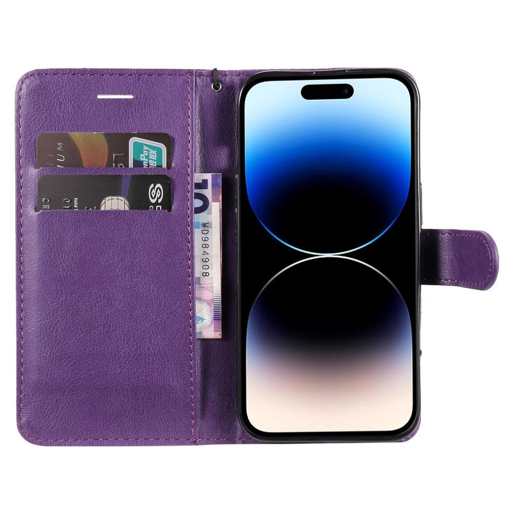 iPhone 15 Pro Læder Cover m. Pung og Strop - Lilla
