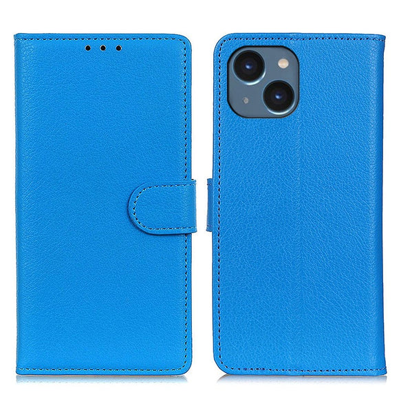iPhone 15 Plus Litchi Læder Cover m. Pung - Blå