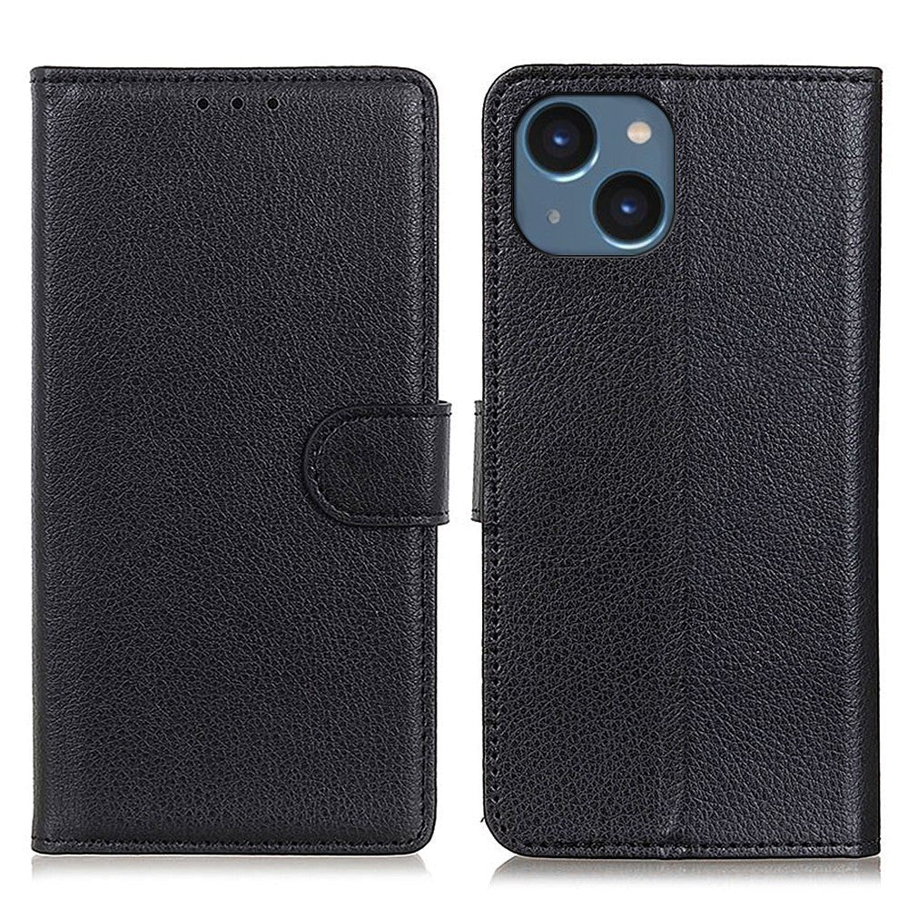 iPhone 15 Plus Litchi Læder Cover m. Pung - Sort