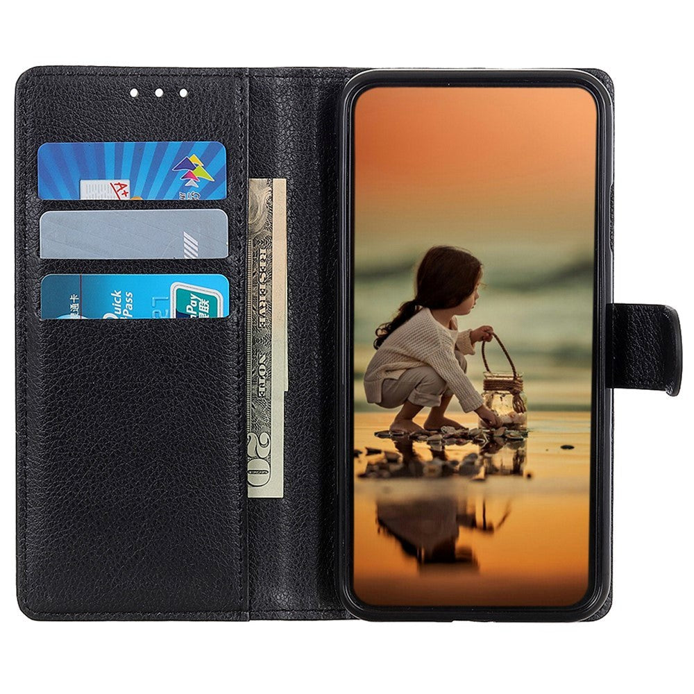 iPhone 15 Litchi Læder Cover m. Pung - Sort