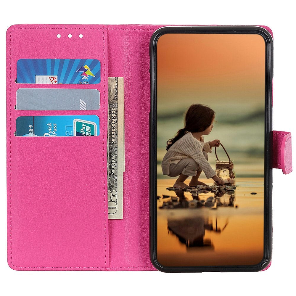 iPhone 15 Litchi Læder Cover m. Pung - Lyserød