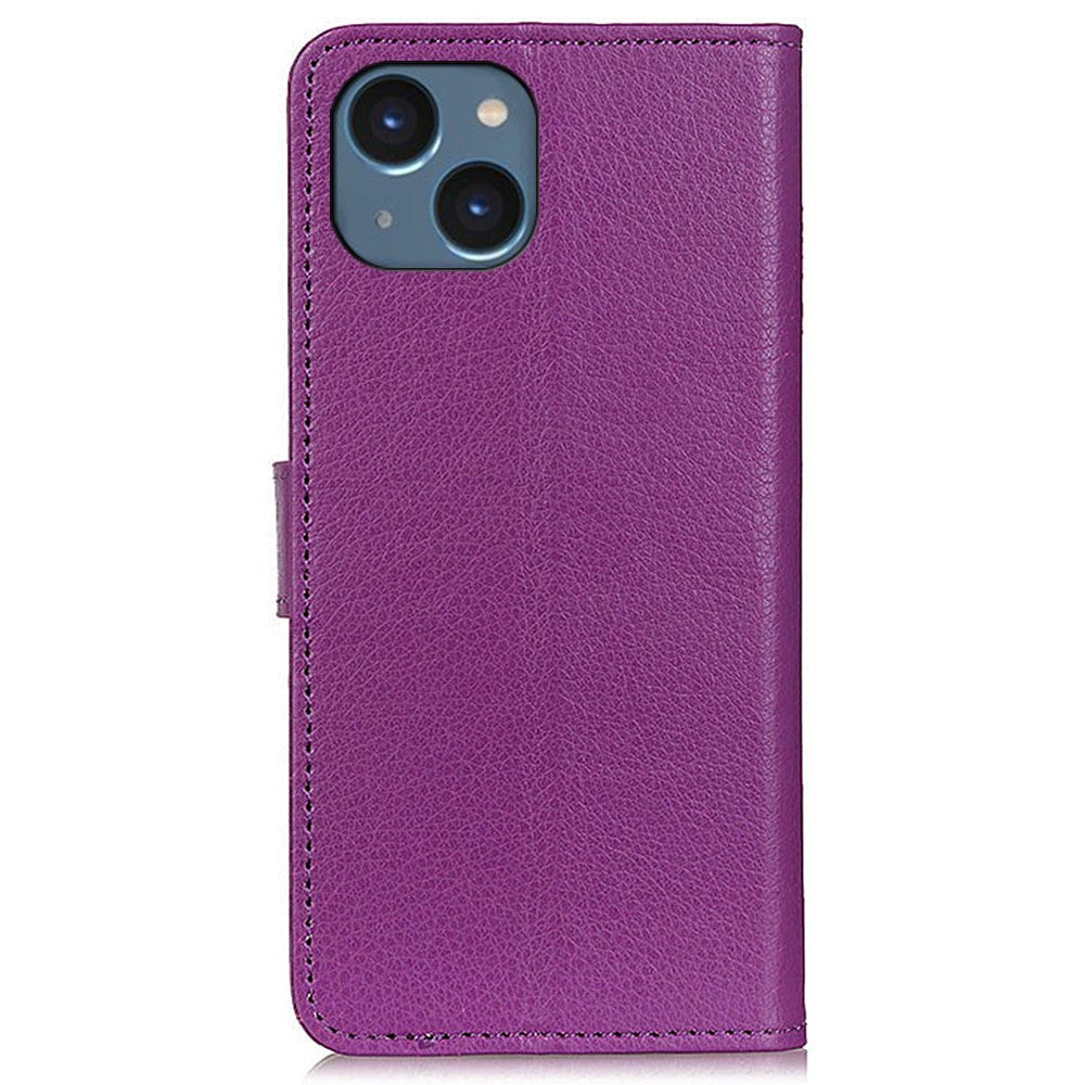 iPhone 15 Litchi Læder Cover m. Pung - Lilla