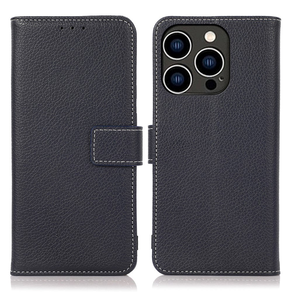 iPhone 15 Pro Litchi Læder Cover m. Hvide Sting og Pung - Mørkeblå