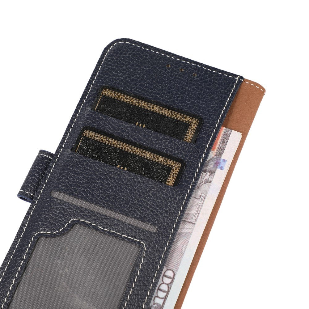 iPhone 15 Pro Litchi Læder Cover m. Hvide Sting og Pung - Mørkeblå