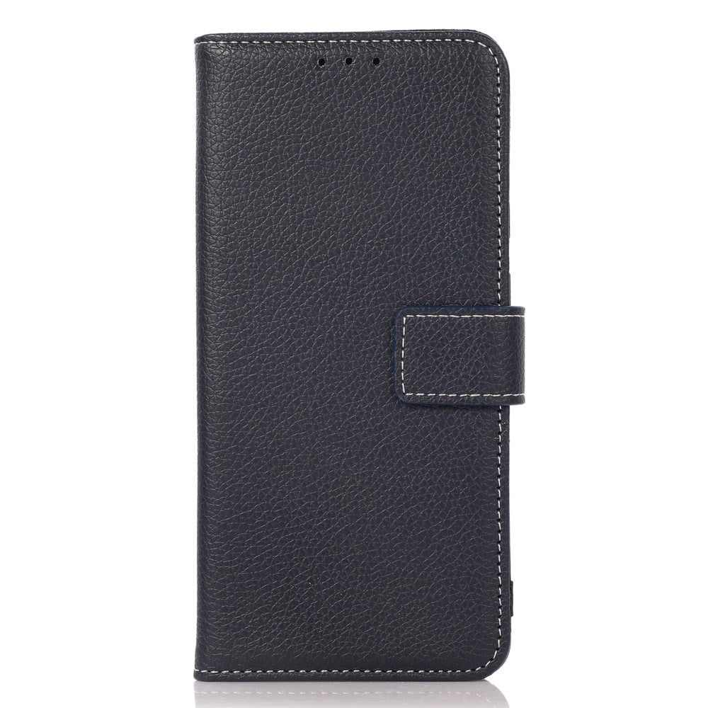 iPhone 15 Pro Litchi Læder Cover m. Hvide Sting og Pung - Mørkeblå