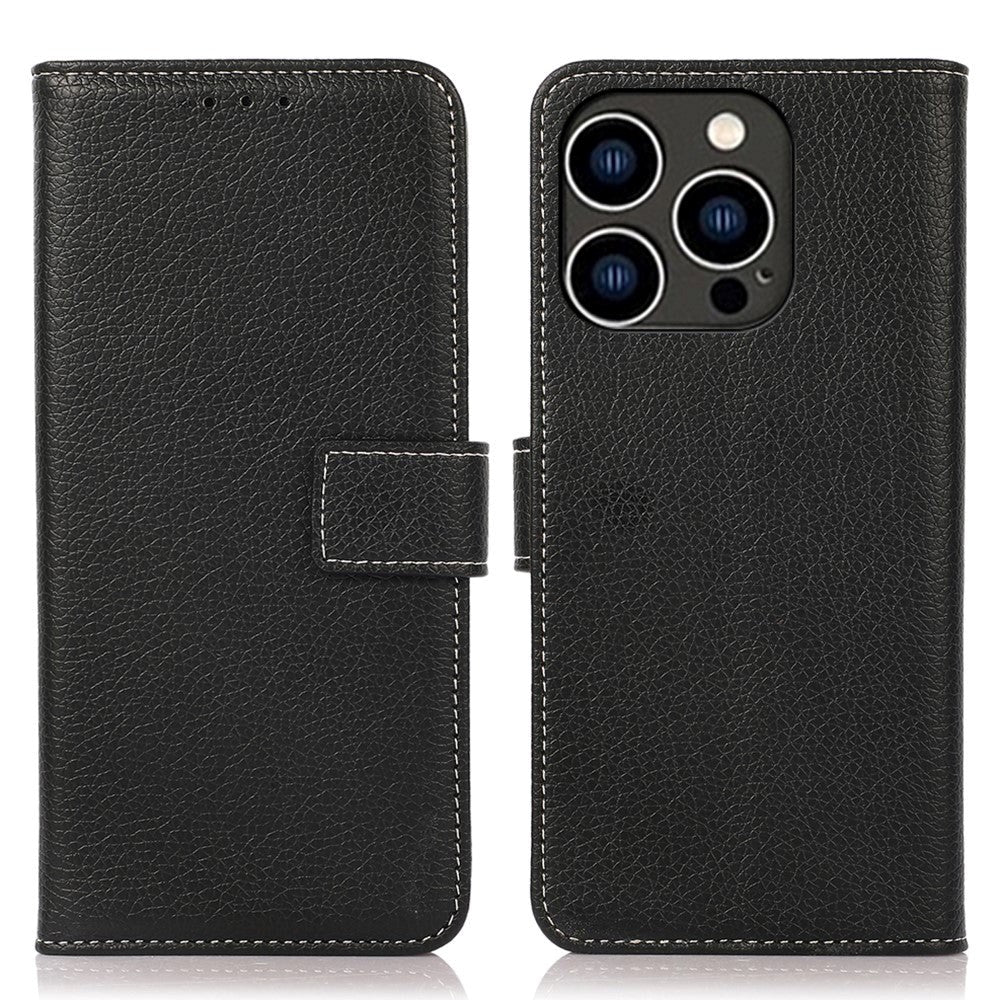 iPhone 15 Pro Max Litchi Læder Cover m. Kortholder - Sort