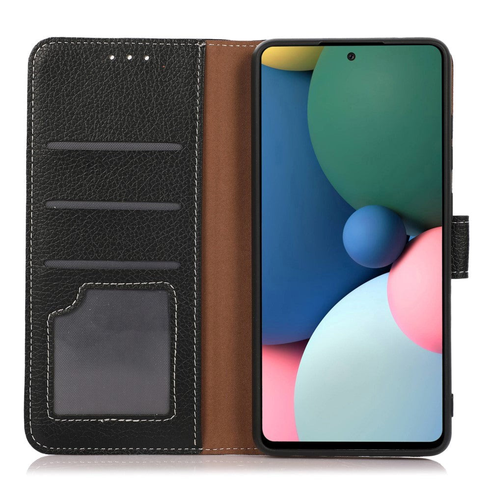 iPhone 15 Pro Max Litchi Læder Cover m. Kortholder - Sort