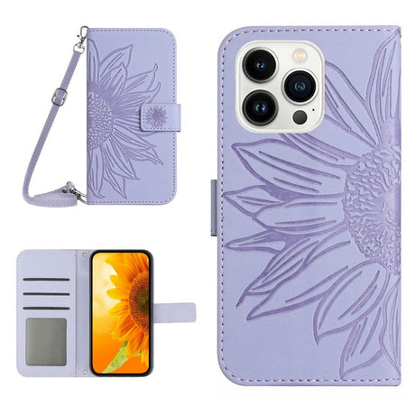iPhone 15 Pro Læder Cover m. Pung & Strop - Solsikke Indgravering - Lilla