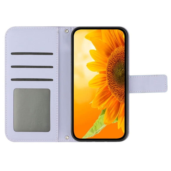iPhone 15 Pro Læder Cover m. Pung & Strop - Solsikke Indgravering - Lilla