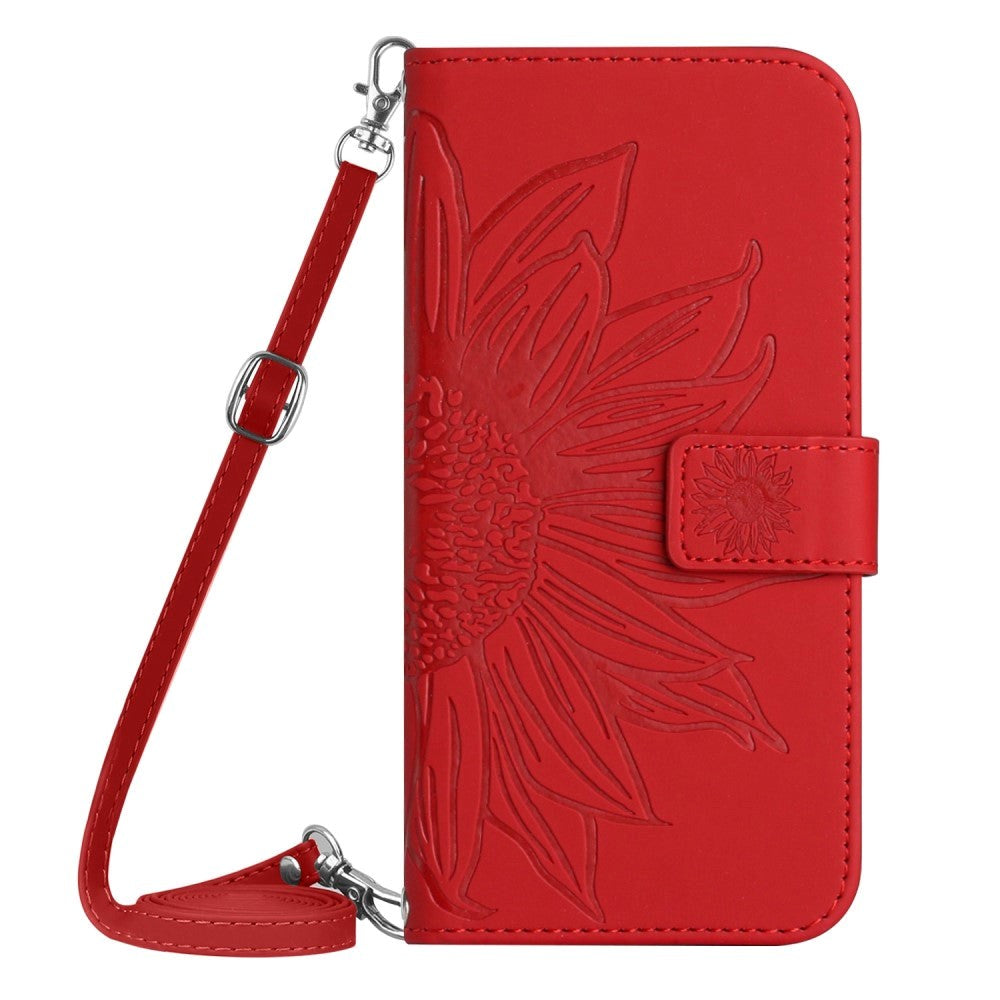 iPhone 15 Pro Læder Cover m. Pung & Strop - Solsikke Indgravering - Rød