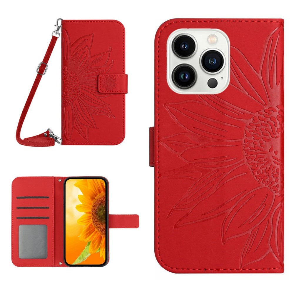 iPhone 15 Pro Læder Cover m. Pung & Strop - Solsikke Indgravering - Rød