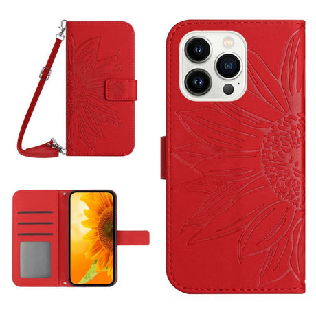 iPhone 15 Pro Læder Cover m. Pung & Strop - Solsikke Indgravering - Rød