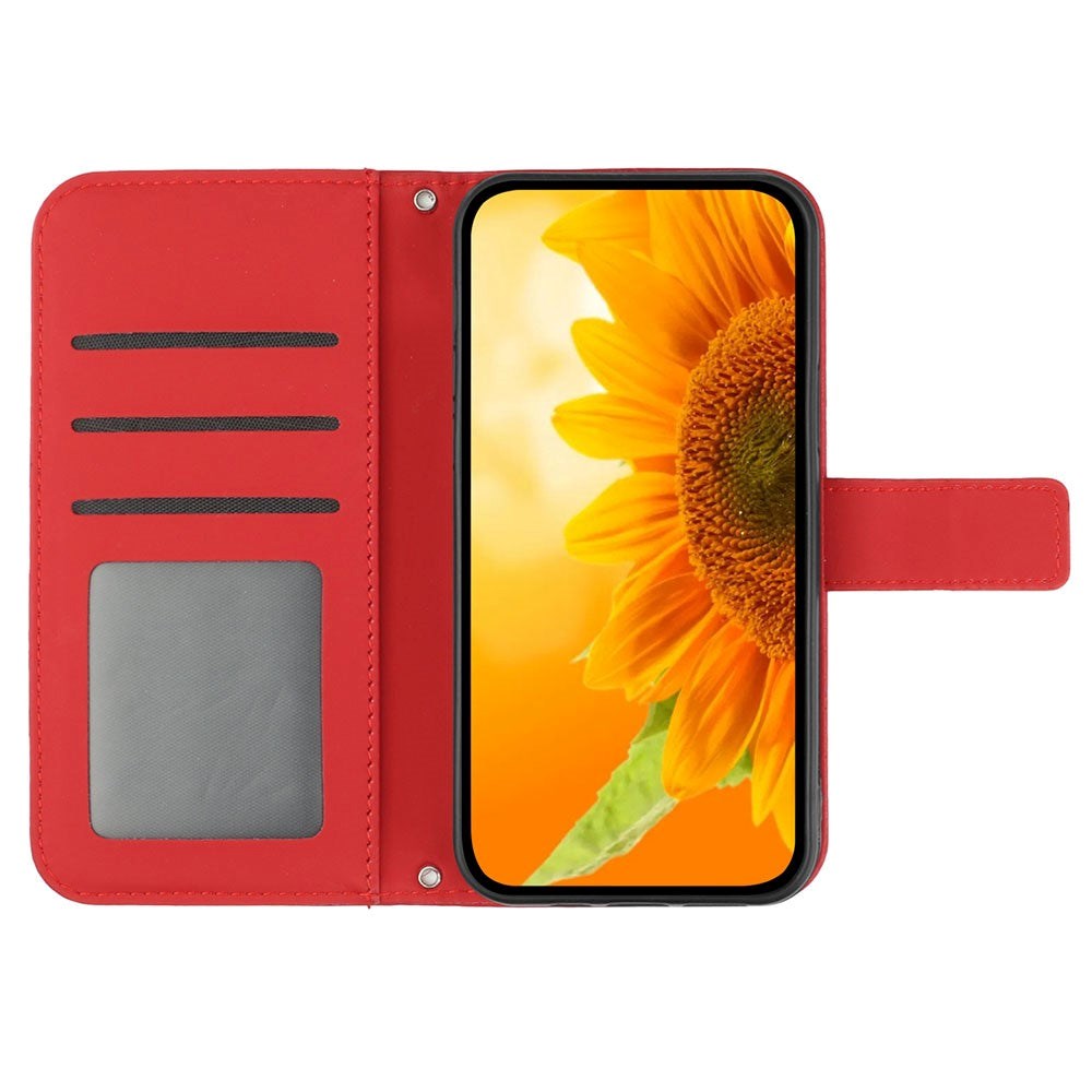 iPhone 15 Pro Læder Cover m. Pung & Strop - Solsikke Indgravering - Rød