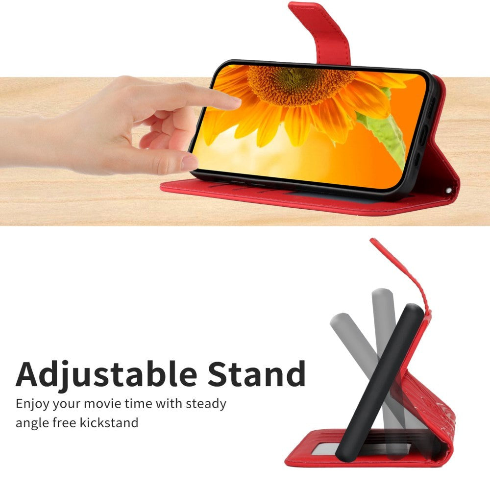 iPhone 15 Pro Læder Cover m. Pung & Strop - Solsikke Indgravering - Rød