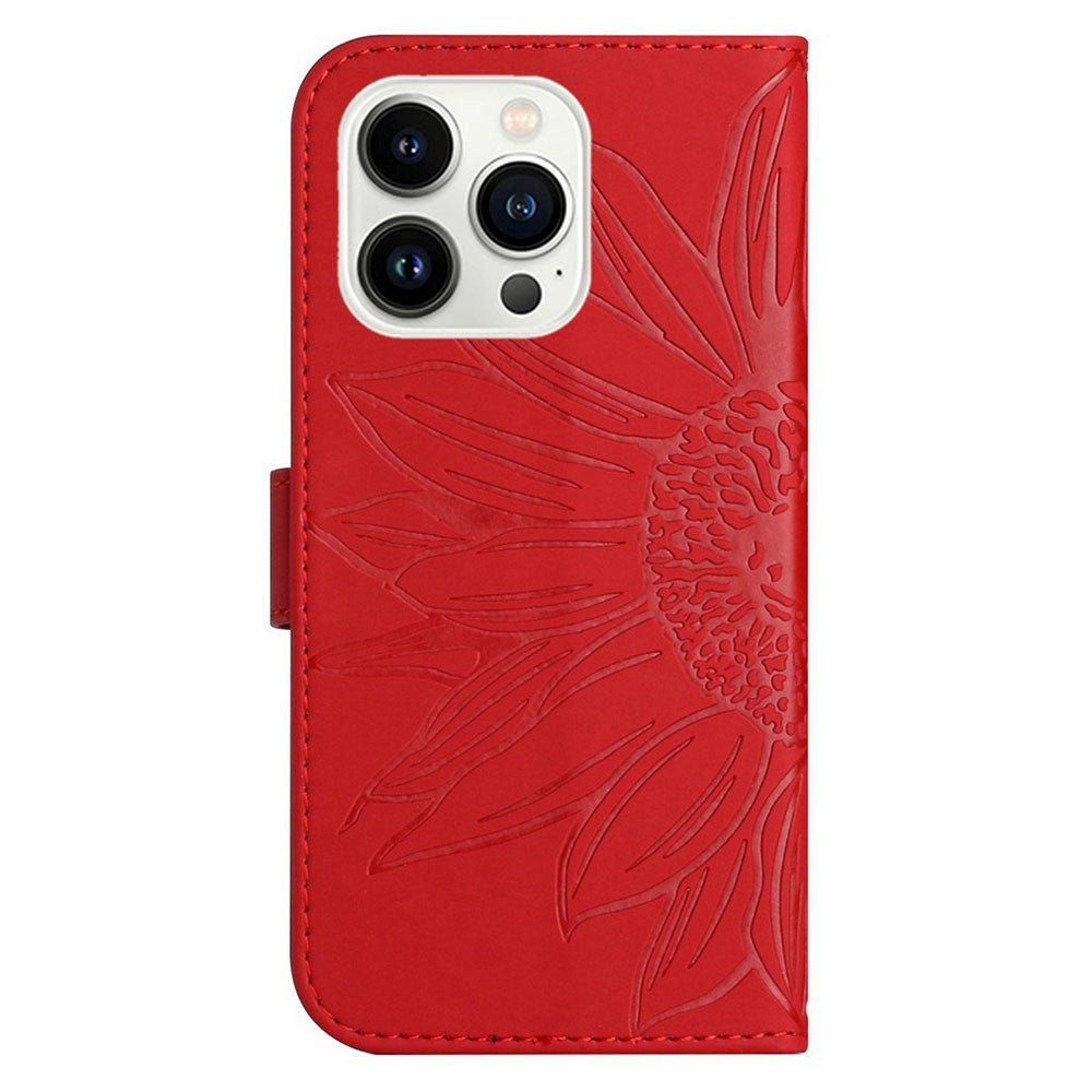 iPhone 15 Pro Læder Cover m. Pung & Strop - Solsikke Indgravering - Rød