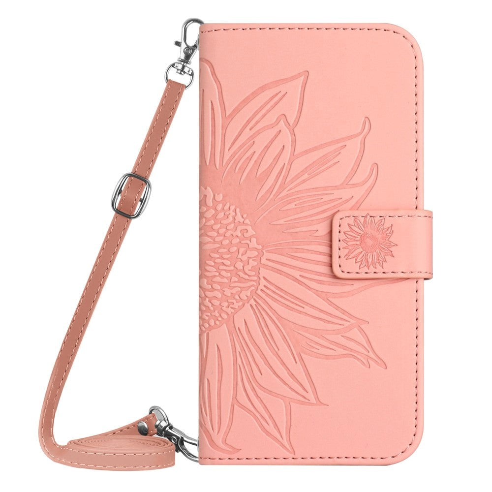 iPhone 15 Pro Læder Cover m. Pung & Strop - Solsikke Indgravering - Pink