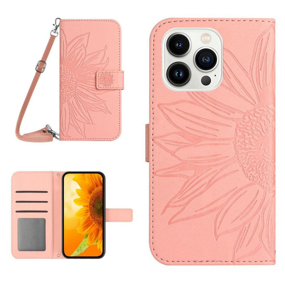 iPhone 15 Pro Læder Cover m. Pung & Strop - Solsikke Indgravering - Pink