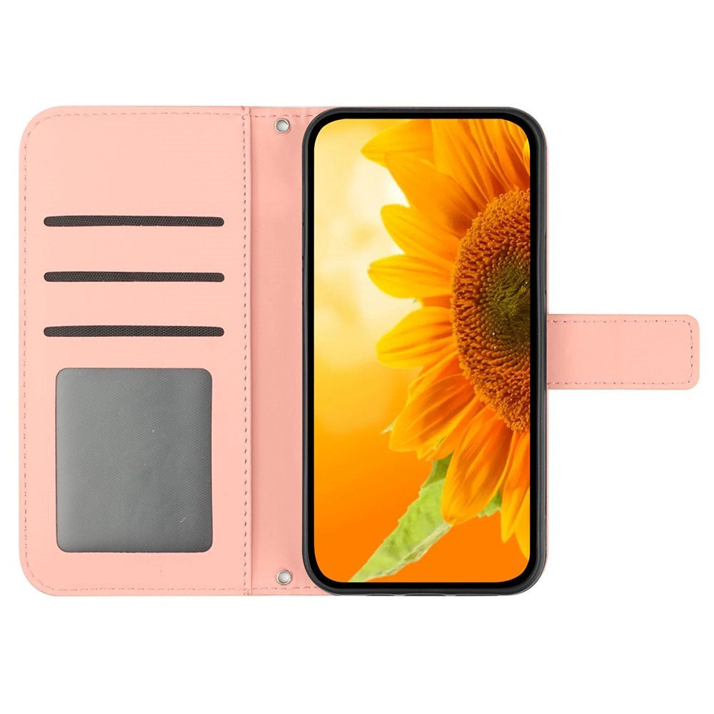 iPhone 15 Pro Læder Cover m. Pung & Strop - Solsikke Indgravering - Pink