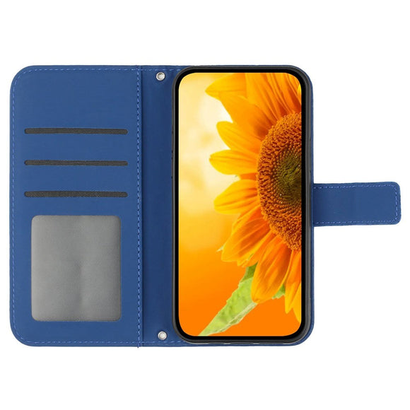 iPhone 15 Pro Læder Cover m. Pung & Strop - Solsikke Indgravering - Kongeblå