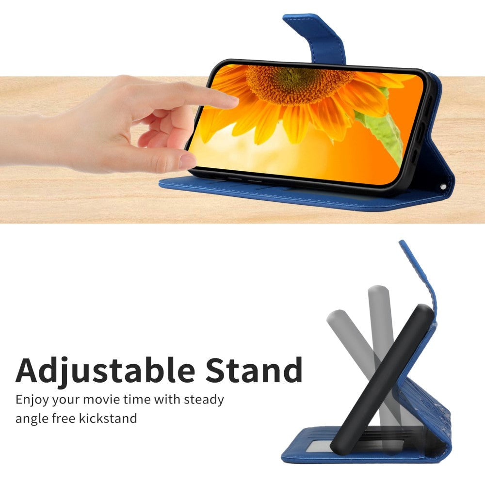 iPhone 15 Pro Læder Cover m. Pung & Strop - Solsikke Indgravering - Kongeblå