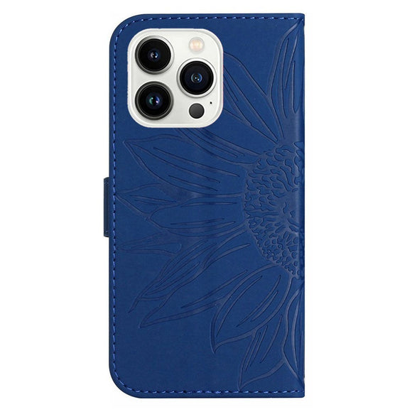 iPhone 15 Pro Læder Cover m. Pung & Strop - Solsikke Indgravering - Kongeblå