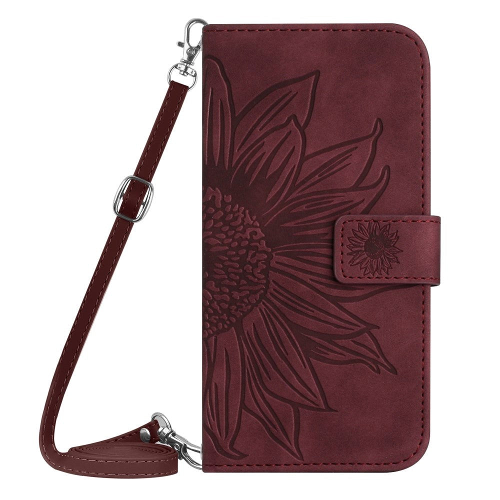 iPhone 15 Pro Læder Cover m. Pung & Strop - Solsikke Indgravering - Vinrød