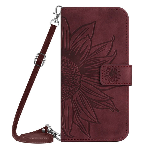 iPhone 15 Pro Læder Cover m. Pung & Strop - Solsikke Indgravering - Vinrød