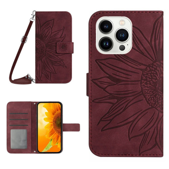 iPhone 15 Pro Læder Cover m. Pung & Strop - Solsikke Indgravering - Vinrød
