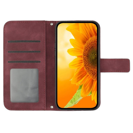 iPhone 15 Pro Læder Cover m. Pung & Strop - Solsikke Indgravering - Vinrød