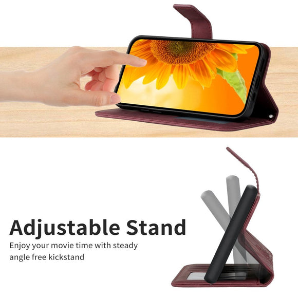 iPhone 15 Pro Læder Cover m. Pung & Strop - Solsikke Indgravering - Vinrød