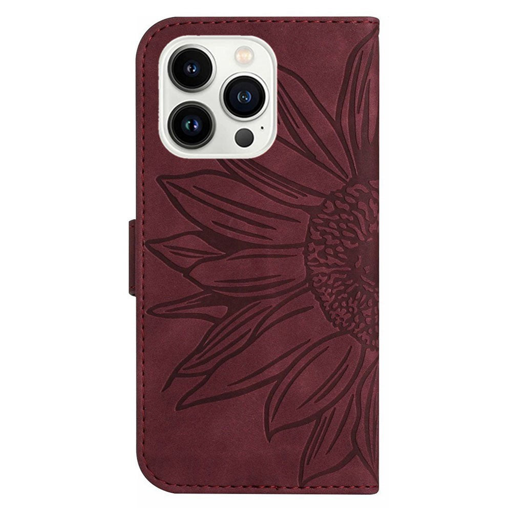 iPhone 15 Pro Læder Cover m. Pung & Strop - Solsikke Indgravering - Vinrød