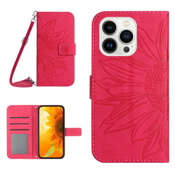 iPhone 15 Pro Læder Cover m. Pung & Strop - Solsikke Indgravering - Lyserød