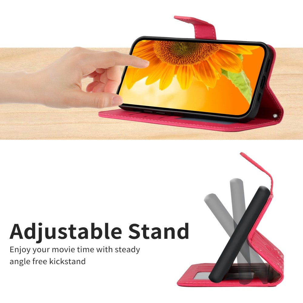 iPhone 15 Pro Læder Cover m. Pung & Strop - Solsikke Indgravering - Lyserød