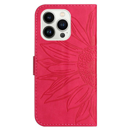 iPhone 15 Pro Læder Cover m. Pung & Strop - Solsikke Indgravering - Lyserød