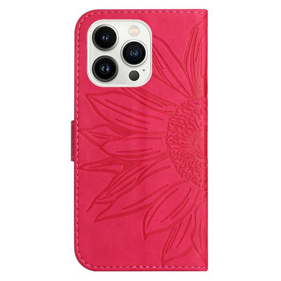 iPhone 15 Pro Læder Cover m. Pung & Strop - Solsikke Indgravering - Lyserød
