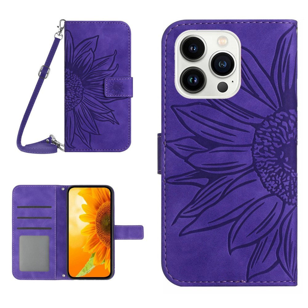 iPhone 15 Pro Læder Cover m. Pung & Strop - Solsikke Indgravering - Mørk Lilla