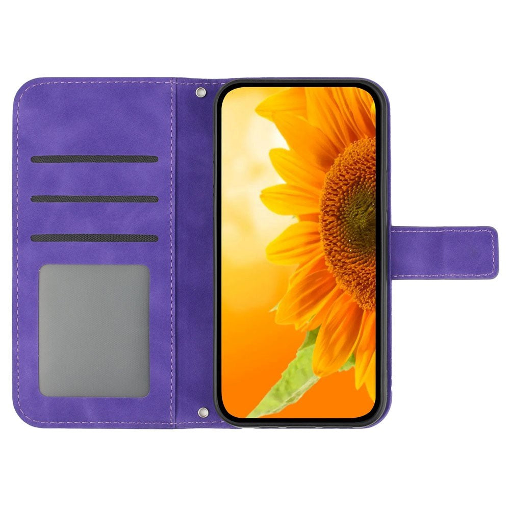 iPhone 15 Pro Læder Cover m. Pung & Strop - Solsikke Indgravering - Mørk Lilla