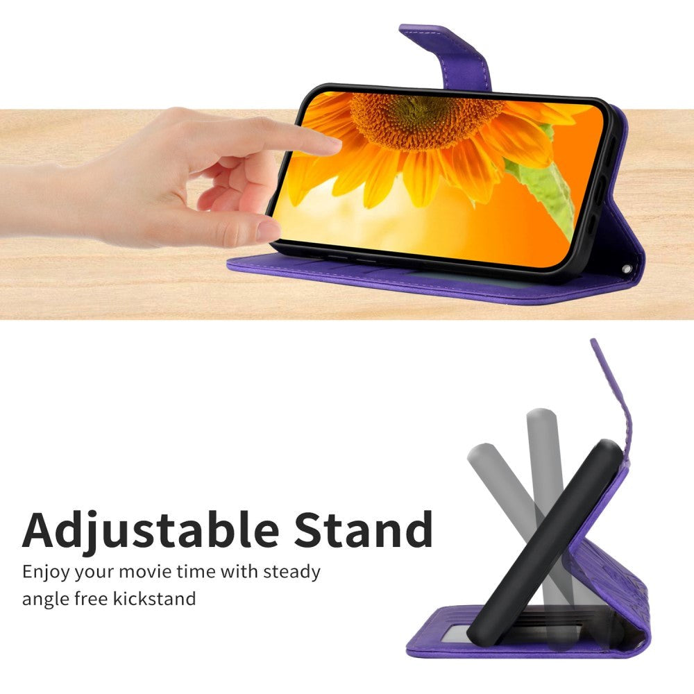 iPhone 15 Pro Læder Cover m. Pung & Strop - Solsikke Indgravering - Mørk Lilla