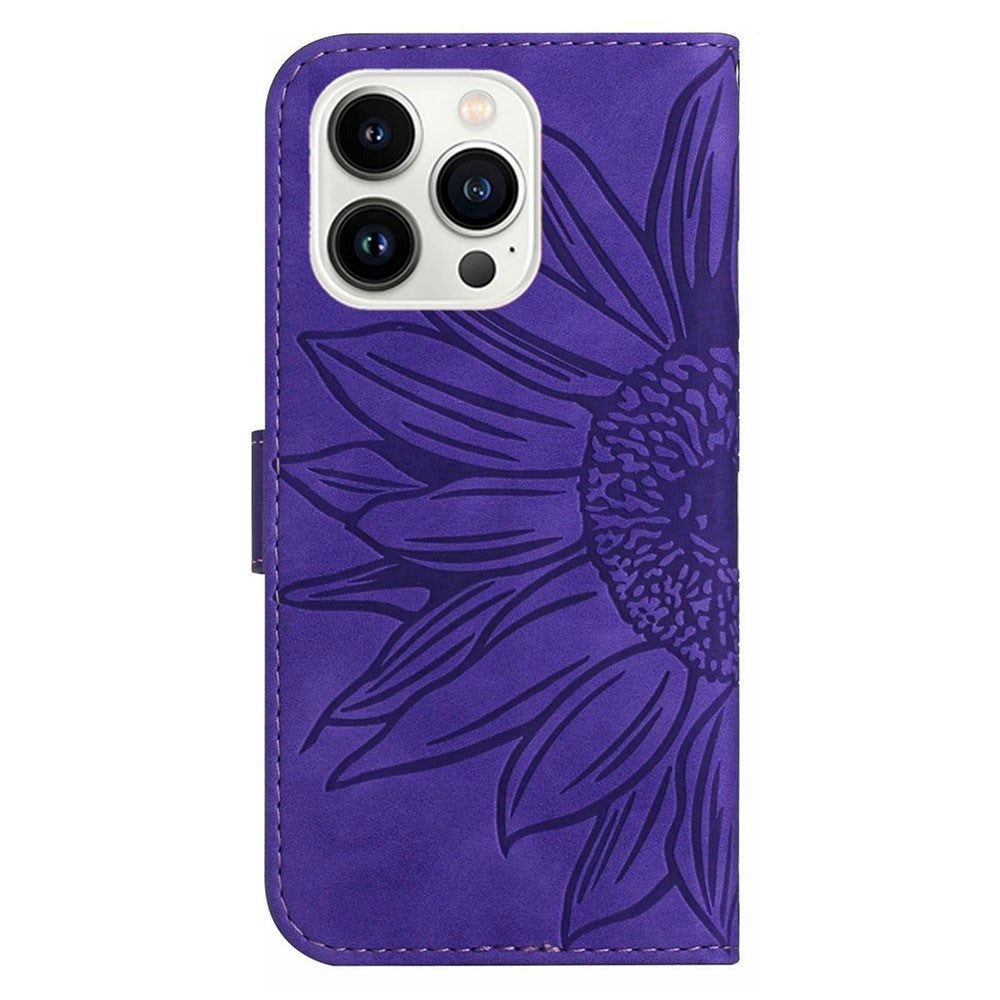 iPhone 15 Pro Læder Cover m. Pung & Strop - Solsikke Indgravering - Mørk Lilla